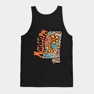 Mississippi State Design | Artist Designed Illustration Featuring Mississippi State Outline Filled With Retro Flowers with Retro Hand-Lettering Tank Top